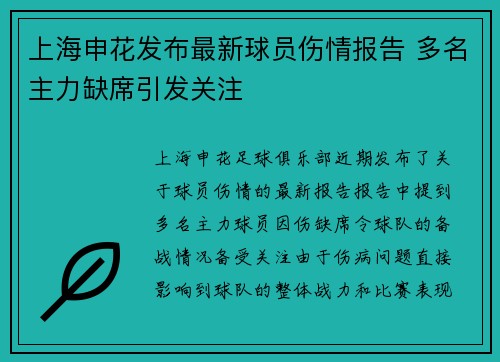 上海申花发布最新球员伤情报告 多名主力缺席引发关注 上海申花发布最新球员伤情报告 多名主力缺席引发关注